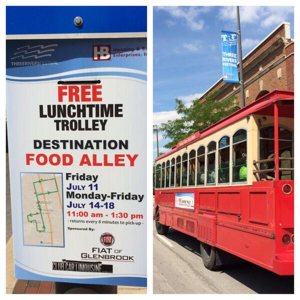 VisitFortWayne's tweet photo. Need lunch plans? Enjoy the #free @ThreeRiversFest Lunchtime Trolley all this week. #TRF2014 http://t.co/Q9ecJe6wLv