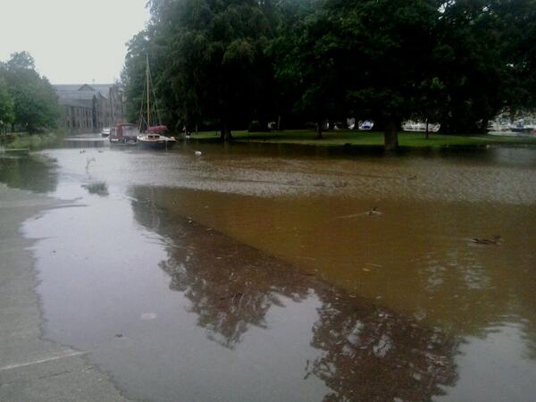 Vire Island #Totnes and Steam Packet Inn beer garden partly submerged by #SpringTide just now. Seal was here too!
