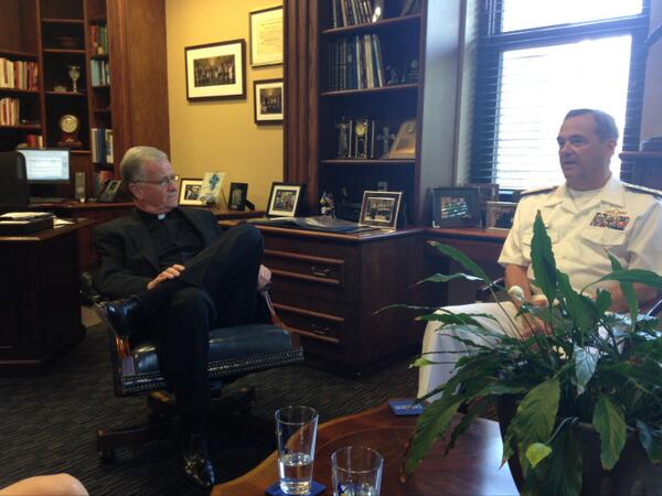 mchusker's tweet photo. VADM Copeman meets with Father Tim Lannon, President, Creighton University #navyweekomaha http://t.co/HHQBMqhIjc