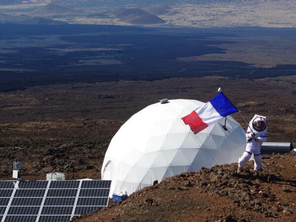 TSwarmer's tweet photo. @Space_Chicken_  HAPPY Bastille Day to my crewmate on sMars!!! Time celebrate Martian style #HISEAS http://t.co/XpvEn6GSkf