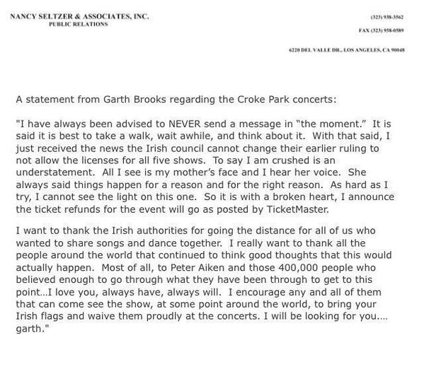 aoifehegs's tweet photo. Here's Garth Brooks' statement: http://t.co/Ohg0FOgzEH