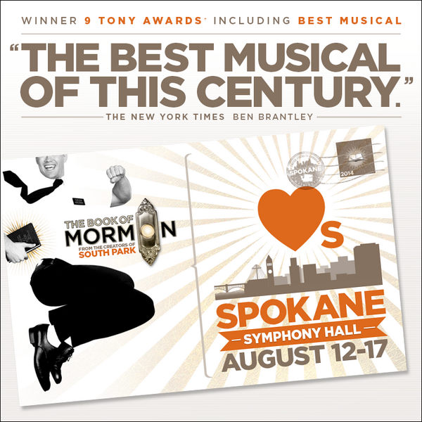 BookofMormon's tweet photo. #HelloSpokane! Follow and RT for a chance to win 2 tickets for August 13 at the Symphony Hall! @spokanesymphony http://t.co/CZiCHxg88L