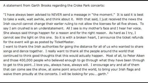 Breaking: Final confirmation that all 5 Garth Brooks concerts will remain cancelled and will not go ahead.
