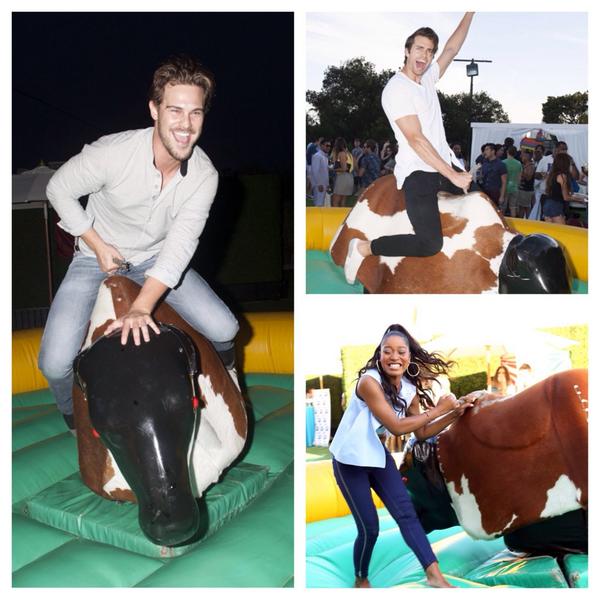 JustJared's tweet photo. We're pretty sure that the @redbull at our #JJSummerFiesta helped give our guests the courage to ride the bull! http://t.co/NAFSrXLY9e