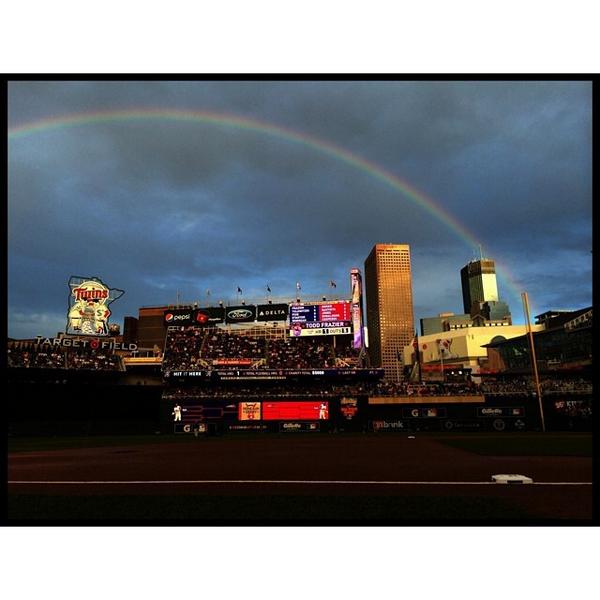 StarTribune's tweet photo. Worth waiting for: Home Run Derby rainbow. Photo by our @CarlosGphoto #asg #asg2014 #HRDerby #HomeRunDerby http://t.co/ju6MtIJPMM