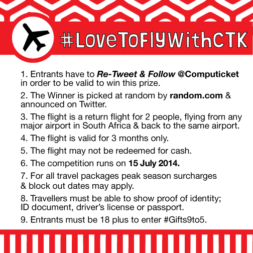 CTK_Travel's tweet photo. We are gifting all day today on @Computicket and @CTK_Travel . Follow #Gifts9to5 to #win #prizes every half hour. http://t.co/SeDcPh0fBJ