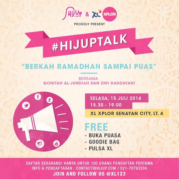 myXL's tweet photo. Bingung mau ngabuburit kemana? Ke @XLXplor Senayan City aja... Bakal ada #XLChat sama @HijUp sore ini. http://t.co/iH22DMNyIr