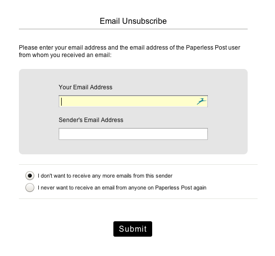 springfels's tweet photo. .@paperlesspost Really? To unsubscribe I have to enter my email AND the senders email??? #UXFAIL http://t.co/sjiNUFa6NB