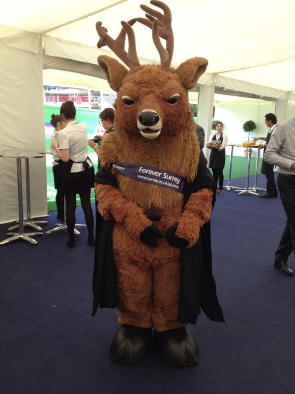 SurreyAlumni's tweet photo. Steve the Stag is at the marquee to welcome graduates. Congratulations! #Surreygrad14 http://t.co/a1NZ3apT6d