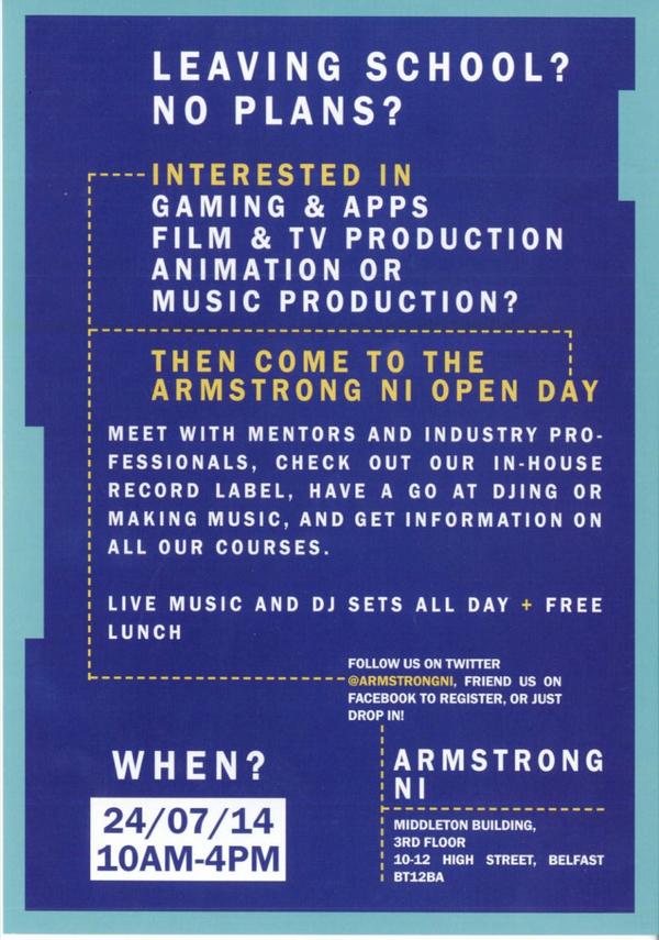 AccessThruMusic's tweet photo. And here's the side with all the info on it for the Open Day... http://t.co/PcilfpFr0L