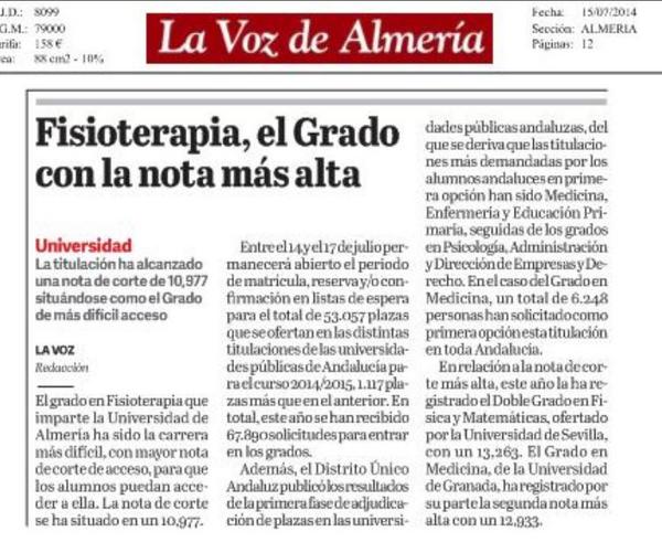 Colfisio's tweet photo. #Fisioterapia, el Grado con nota más alta de la Universidad de Almería (UAL) http://t.co/tnRArI527f