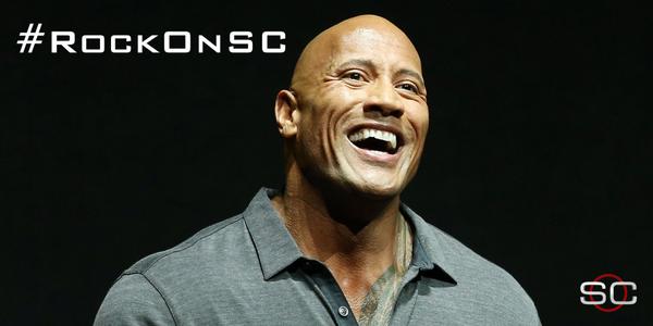 SportsCenter's tweet photo. He's back! Dwayne Johnson joins SportsCenter at 1:40 ET. Use #RockOnSC, most creative questions could make air. http://t.co/FXr9eTN41e