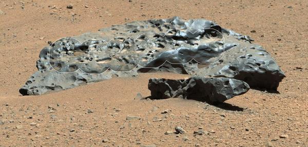 MarsCuriosity's tweet photo. Heavy Metal! I found an iron meteorite on Mars http://t.co/S2cIgBHBlY  \m/

Note: ChemCam pics = outlined http://t.co/sxKweKsBCg