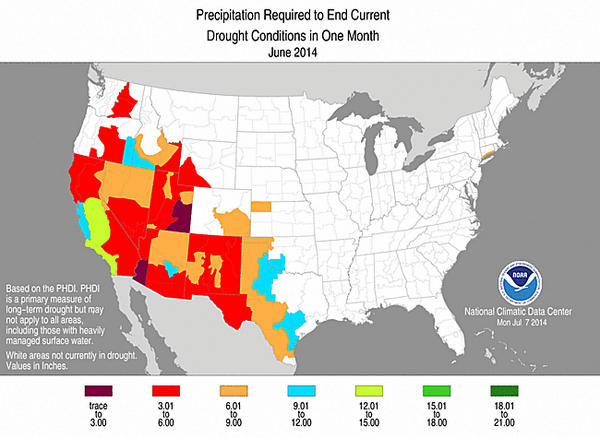 NOAANCEI's tweet image. June 2014 Precip Required to End Current Drought in 1 Month #StateOfClimate 1.usa.gov/1jqGJVz