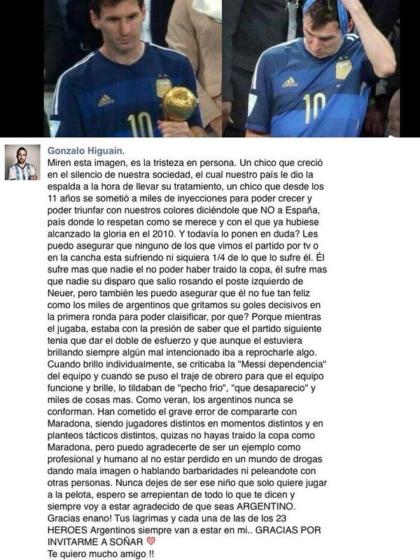 Tremendo lo que le ha escrito Higuain a Messi en su Facebook. Pero tremendo. Menuda lección para muchos.