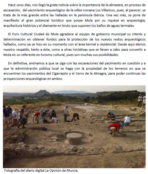 Desde <a href="/ForoCultMula/">Foro Cultural C.Mula</a> agradecemos el interés del equipo de gobierno por el yacimiento arqueológico de Los Villaricos