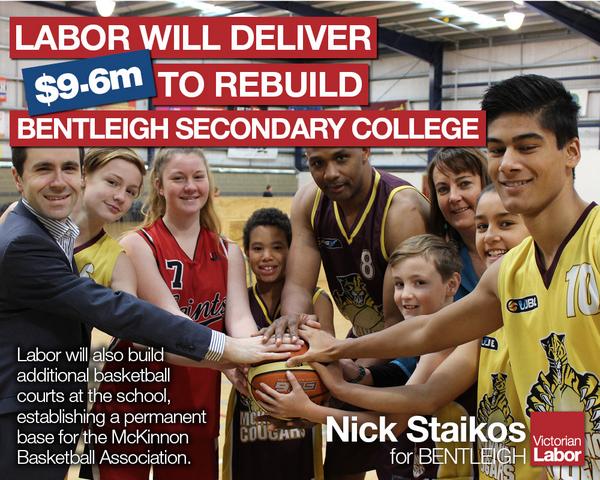 NStaikos's tweet image. Great news! A Labor Government will rebuild @BentleighSC and provide two extra courts for @McKinnonBBall #springst