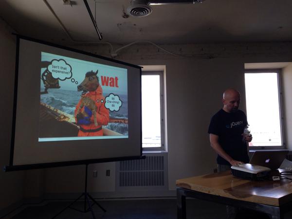 reverentgeek's tweet photo. . @ifandelse delivering the LOLz along with the science of #ReactJS at @NoogaJS http://t.co/eE05omPqK9