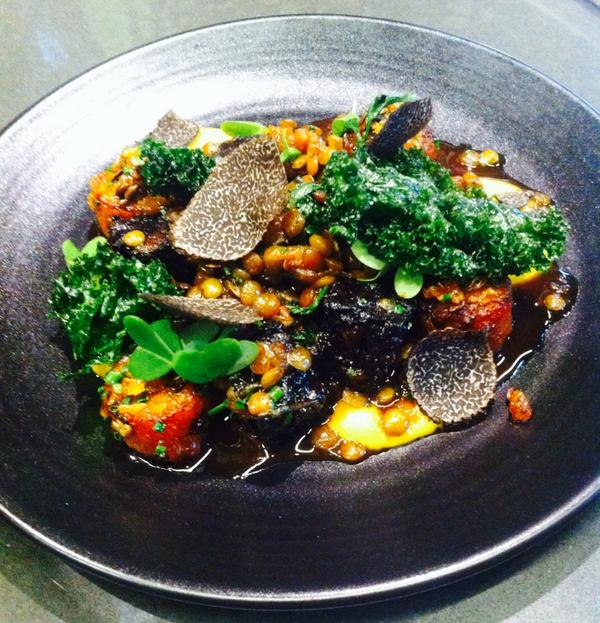 Another tasty truffle dish from Alex! Fried morcilla, lentils, pumpkin, bacon&amp;onion jam &amp; fresh truffle! #truffles