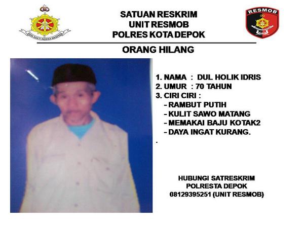 TMCPoldaMetro's tweet photo. RT @restadepok: Info orang Hilang.Bagi yang menemukan silahkan hubungi Polresta Depok 02177202414.http://t.co/VvhIdcJL4e