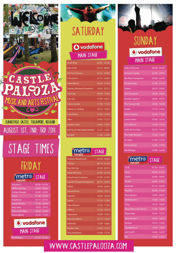 .<a href="/castlepalooza/">Castlepalooza</a> have announced stage times &amp; we've tickets up for grabs, just follow &amp; RT #drinkaware #kopparberg