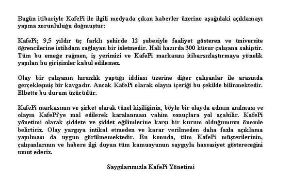 KafePiGroup's tweet photo. Bugün itibariyle @KafePi ile ilgili medyada çıkan haberler üzerine ekteki açıklamayı yapma zorunluluğu doğmuştur. http://t.co/STDGKyPFvd