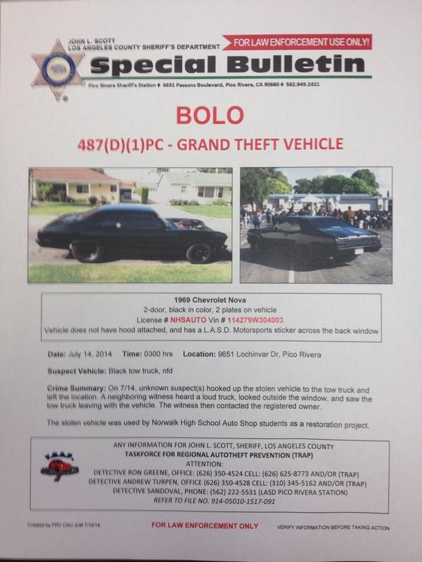 Please be on the lookout for NHS Auto's restored '69 Chevy Nova which was stolen. Our students want their car back!