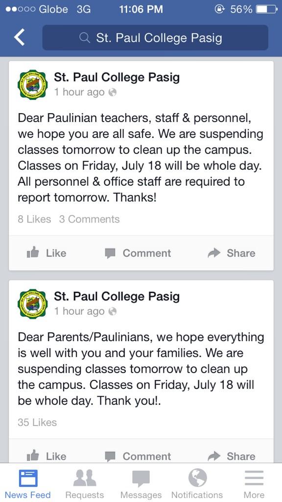 St. Paul College Pasig - no classes all levels.
