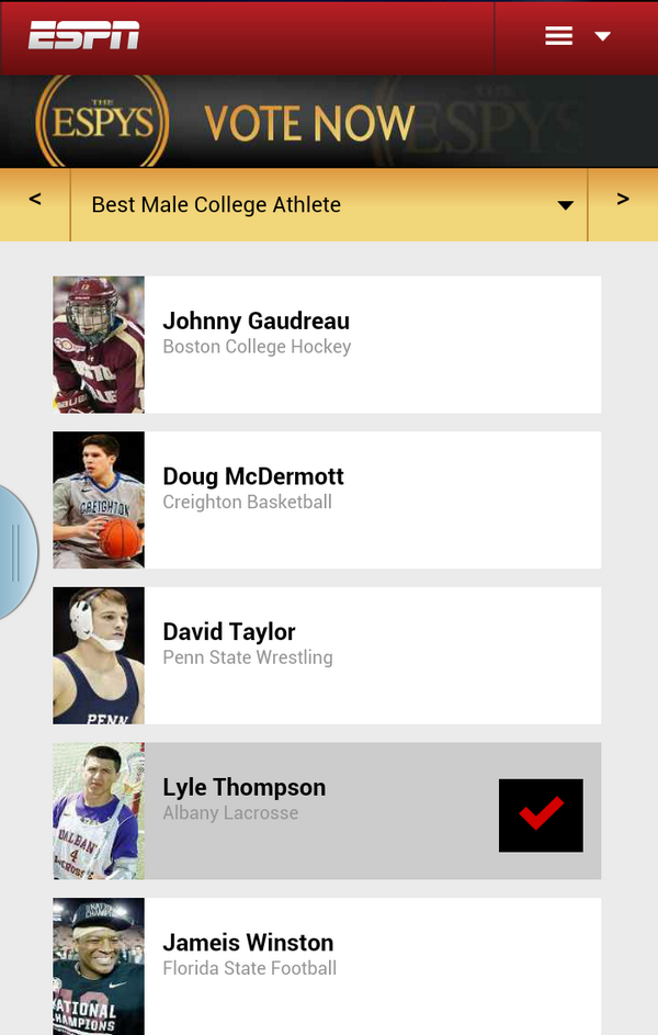 ualbany's tweet photo. It's the last day to VOTE for #UAlbany's @lyle4thompson - Best Male College Athlete #ESPYs! http://t.co/1iRDp6i3A5 http://t.co/1XVfBBQ5LJ
