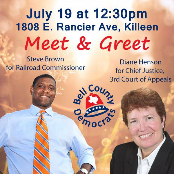 BellCoDems's tweet photo. Meet &amp; Greet with @ElectSteveBrown and Diane Henson this Saturday at 12:30 http://t.co/rLwP0a5Bg1  #BellBlue http://t.co/iXeb0Gtafz