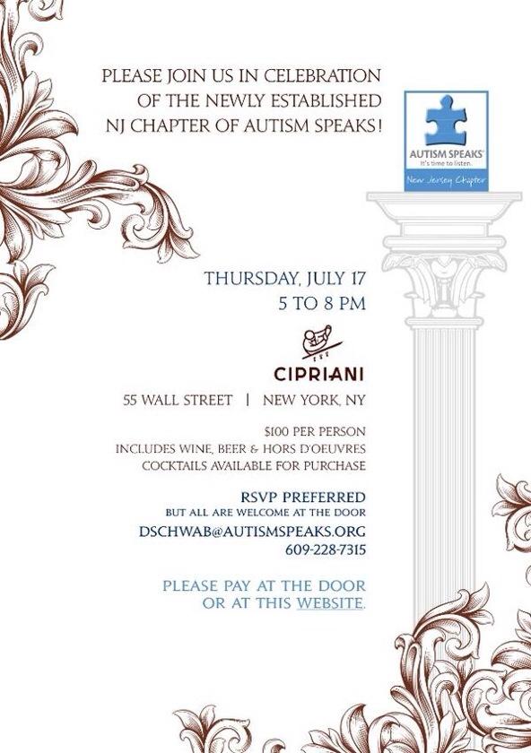 SusanBelfer's tweet photo. Join me tomorrow 5-8pm at @Cipriani #WallStreet to welcome new #NJChapter of @autismspeaks #ItsTimetoListen http://t.co/GR7Ddf5GG0