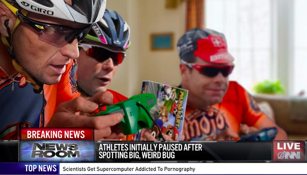 TheOnion's tweet photo. "This is the longest delay in Tour history since 1996, when Lance Armstrong got a new N64." http://t.co/4joWgHAUG6 http://t.co/zCMGnw86o4
