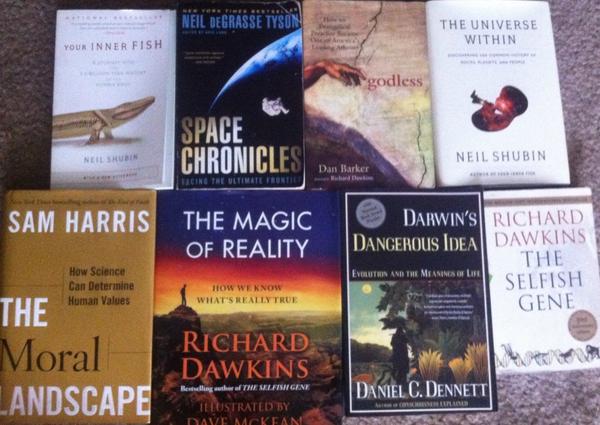TPharo's tweet photo. Some good books I've read. #richarddawkins #neilshubin #dandennett #neildegrassetyson #samharris #danbarker http://t.co/HqsflOnYfN