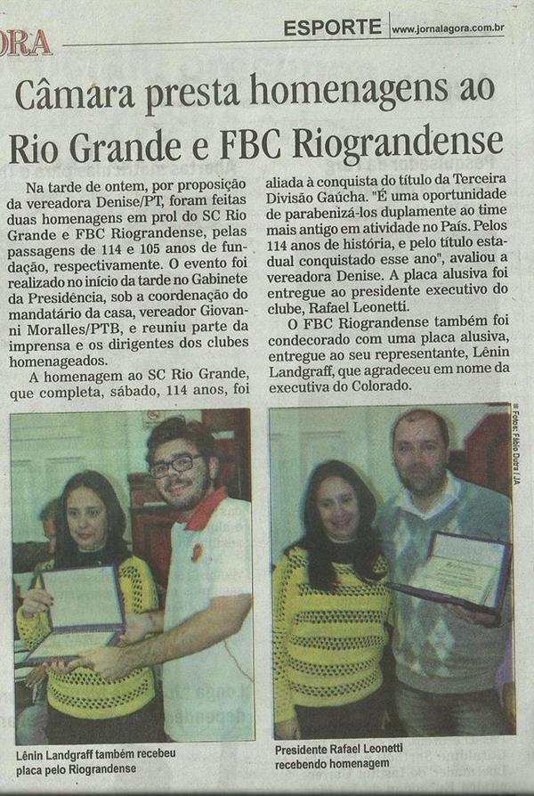 FCRiograndense's tweet photo. Homenagem ao FBC Riograndense repercutiu na imprensa. Veja a matéria completa!  https://t.co/OrD3OYWekh http://t.co/UGHnStesGQ