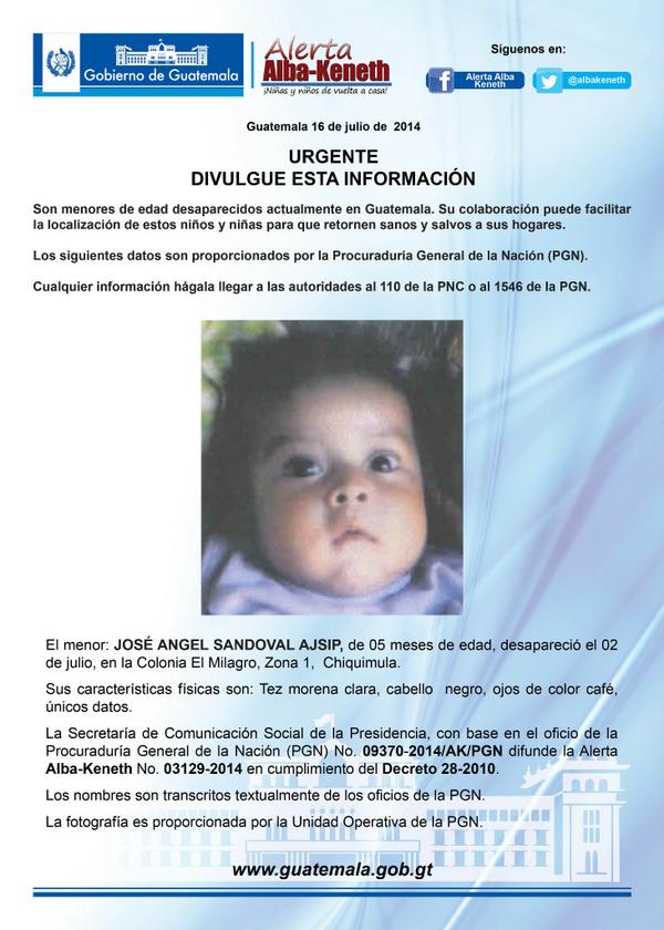 JOSÉ ÁNGEL SANDOVAL AJSIP, de 5 meses de edad, desapareció el 1 de julio, en Colonia El Milagro, Zona 1, Chiquimula.