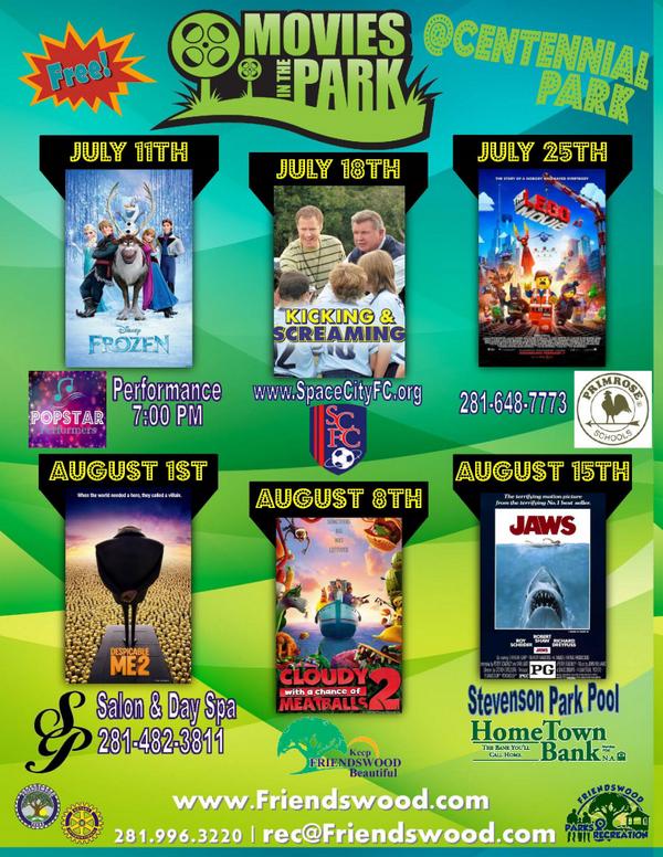 FriendswoodCity's tweet photo. Sick of the kids Kicking & Screaming? Come to Movies in the Park this Friday! The movie will begin at dusk. #MIP2014 http://t.co/nz8TABQkwe