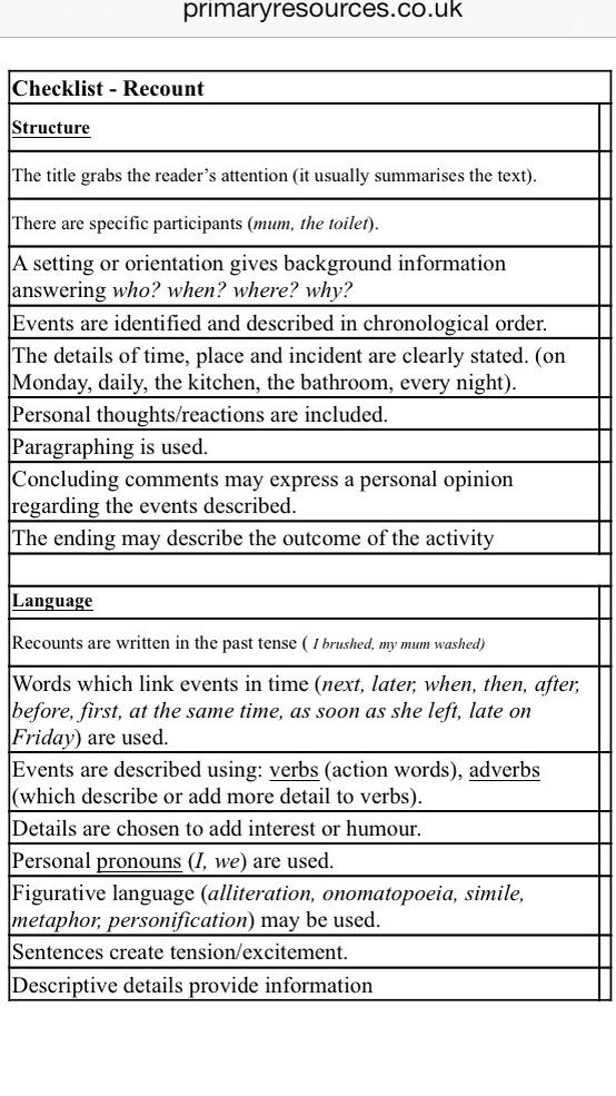 D_Bitar's tweet photo. A great checklist for writing recounts http://t.co/Pl2QwUrGa0