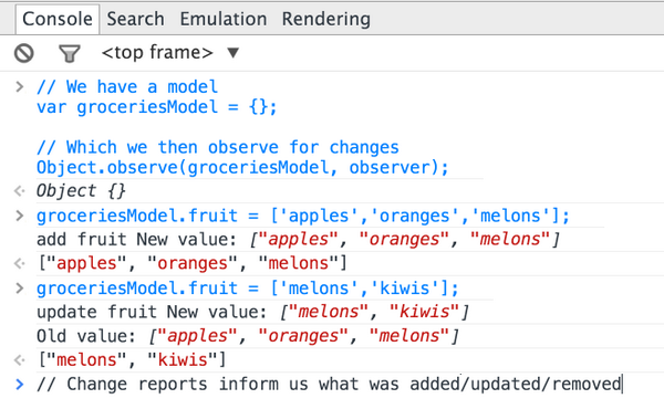 addyosmani's tweet photo. Object.observe() is now in Chrome stable! Observe objects &amp; be notified of changes with ease: http://t.co/FhmHcUakHO http://t.co/s9VdWLki06