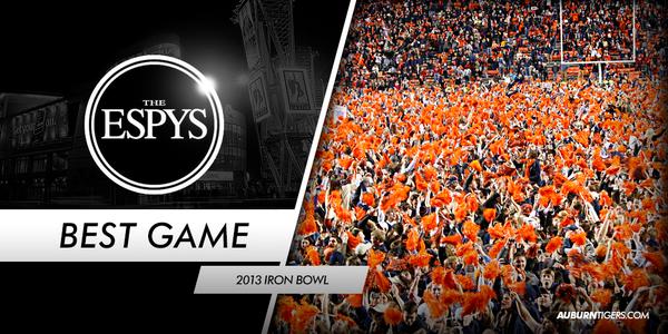 AuburnTigers's tweet photo. Thank you fans for voting #Auburn's 34-28 Iron Bowl win against Alabama the BEST GAME IN ALL OF SPORTS! #ESPYS http://t.co/7aQ73uUuyF