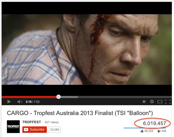 Cargo_Film's tweet photo. Six million clickers for @Cargo_Film! We LOVE this. http://t.co/xpx3nm4Wsk