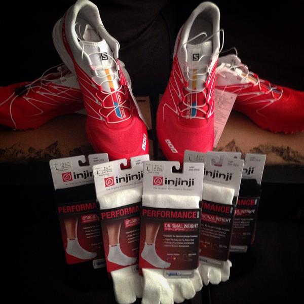 JamesBLMarshall's tweet photo. Stopped off @SalomonWestVan for Sense3Ultras. Bought @northshoreathletics out of @injinji socks for TransRockies 6day http://t.co/iKcUO7ORZY