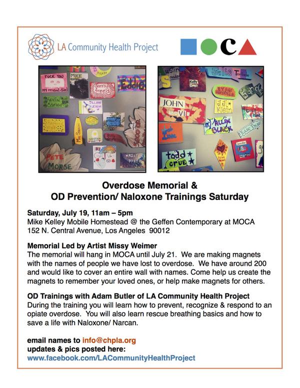 noharmla's tweet photo. Free Saturday? Help make the Overdose Memorial &amp; get trained in OD Prevention &amp; Naloxone @ the Geffen @MOCAlosangeles http://t.co/sbqjJebMZT