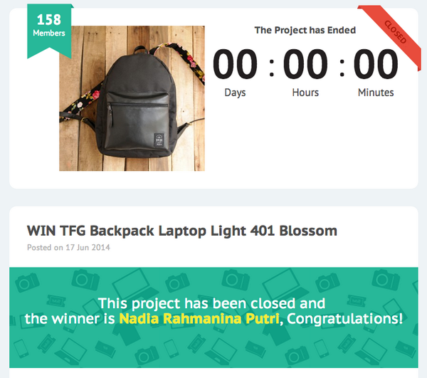 Congratulations @Nadiarrhm is the winner of <a href="/TaylorFineGoods/">TFG (Taylor Fine Goods)</a> Backpack Laptop Light 401 Blossom :D pls check ur email