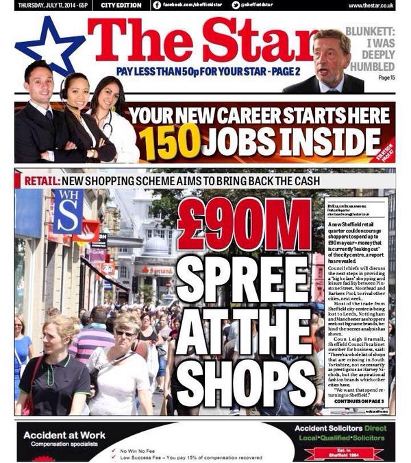 Thursday's 'The Star' front page: £90M SPREE AT THE SHOPS #Sheffield #SouthYorshire