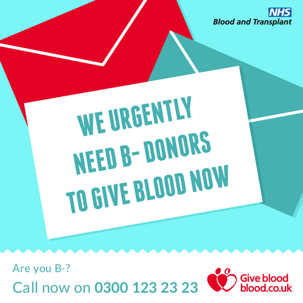 GiveBloodNHS's tweet image. We urgently need B neg donors to give blood now. Please call  0300 123 2323 and we'll fit you into available sessions