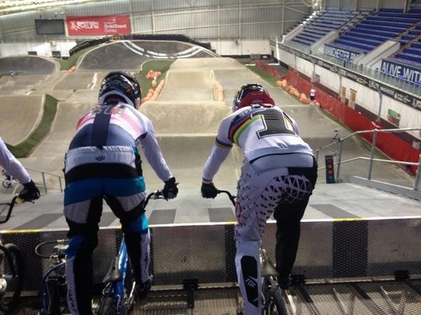 BritishCycling's tweet photo. . @KEvans26 gets some company on the gate from world champion and teammate @liamPHILLIPS65 #adaywithKyle http://t.co/caP5YF2S09