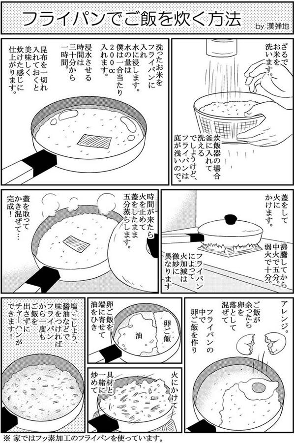 【日常漫画バックナンバー】フライパンでご飯を炊く方法
※僕は水をケチりたくて研ぐというより洗う程度にしています。