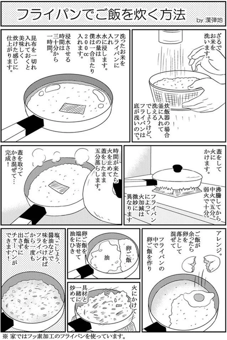 【日常漫画バックナンバー】フライパンでご飯を炊く方法※僕は水をケチりたくて研ぐというより洗う程度にしています。