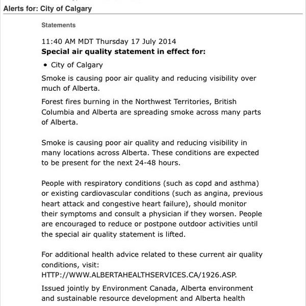Special air quality statement in effect for Calgary. #Calgary #Weather #YYCWeather #CalgaryWeather
