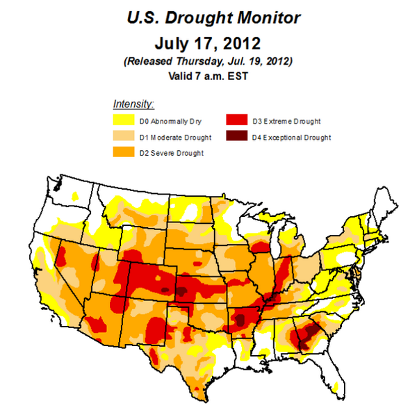 GrainTV's tweet photo. #throwbackthursday to the US drought map this week in 2012. Corn was rated 23% G/E and December futures were at $7.95 http://t.co/bH2l4pQNUe